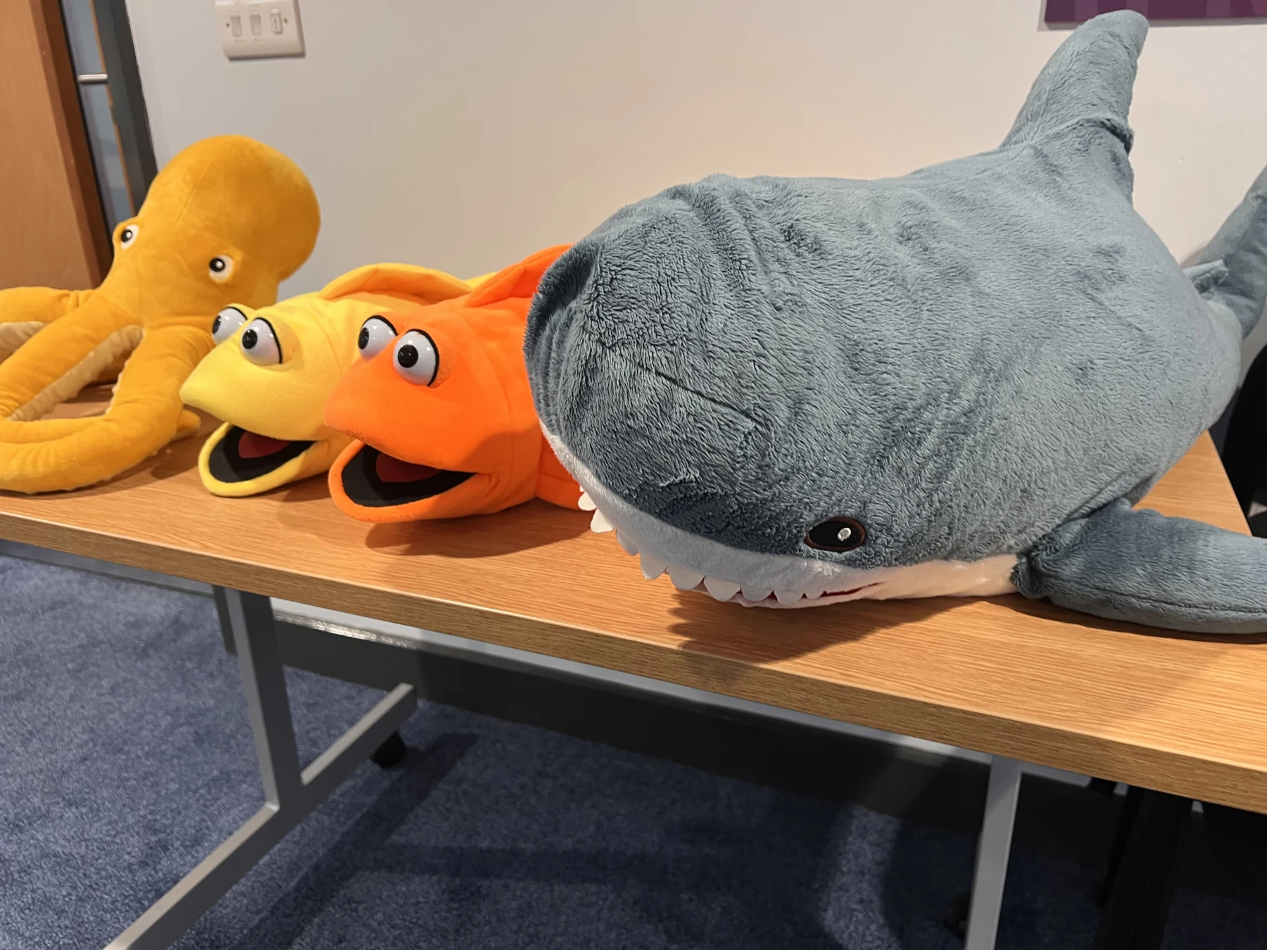 Sharky in the foreground, with orange Bobby, the yellow fish and octopus behind him