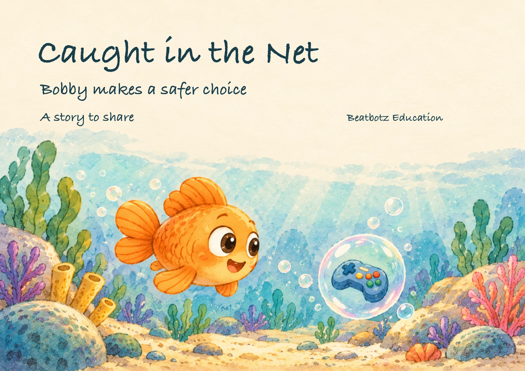 Caught in the Net picture-book cover: Bobby swims towards a bubble with a game controller