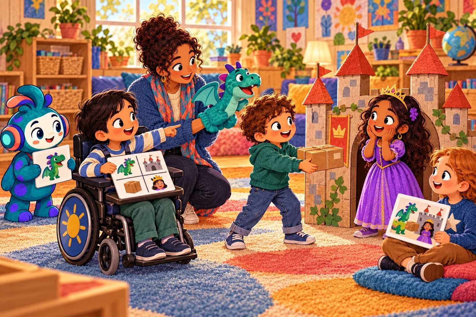 Illustrated example of a small group using a puppet, picture choices and a still pose to tell a fictional story.