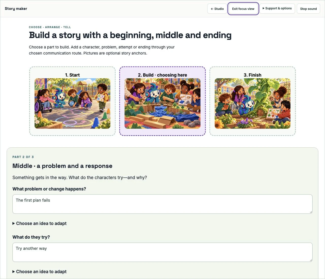 Actual Create screen with picture anchors and options for a story problem and an attempt.