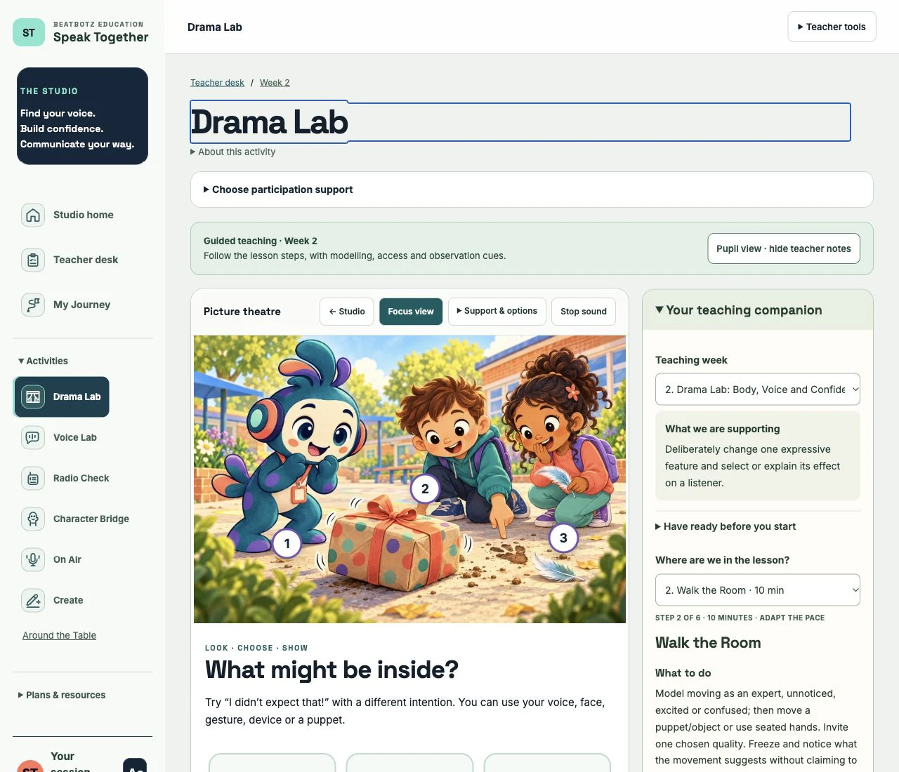 Actual Drama Lab screen with the week’s teaching companion alongside the activity.