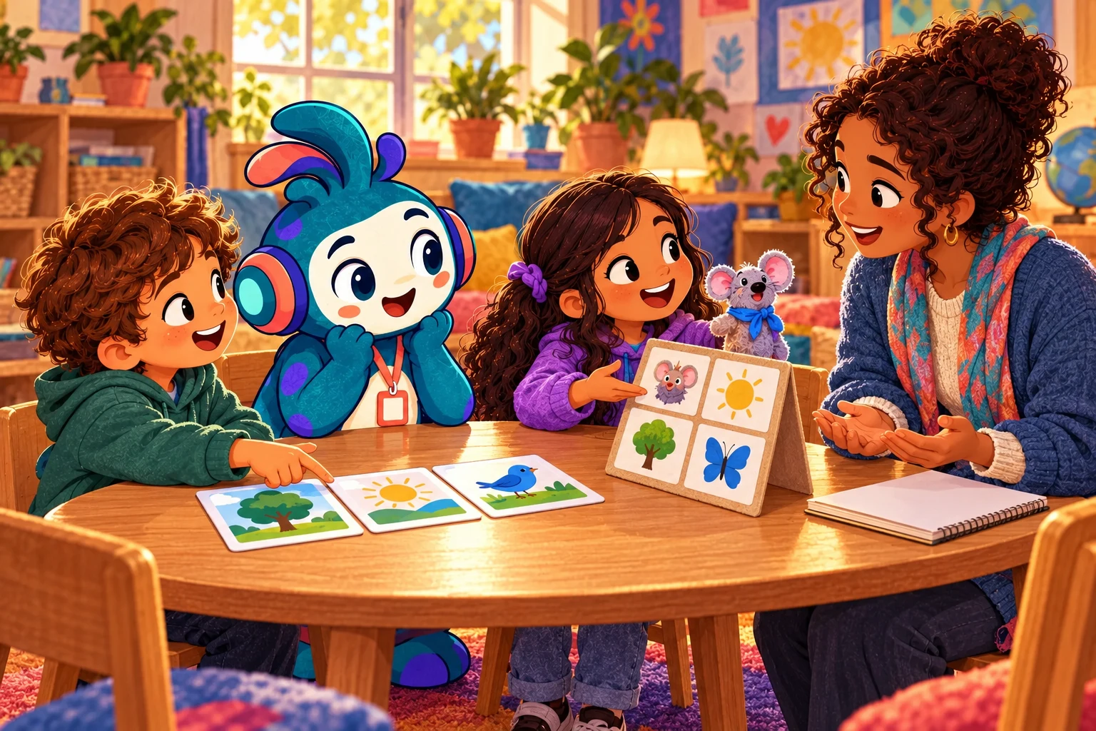 A teacher and Pip listen as pupils share a picture sequence and puppet café idea at a food-free table.