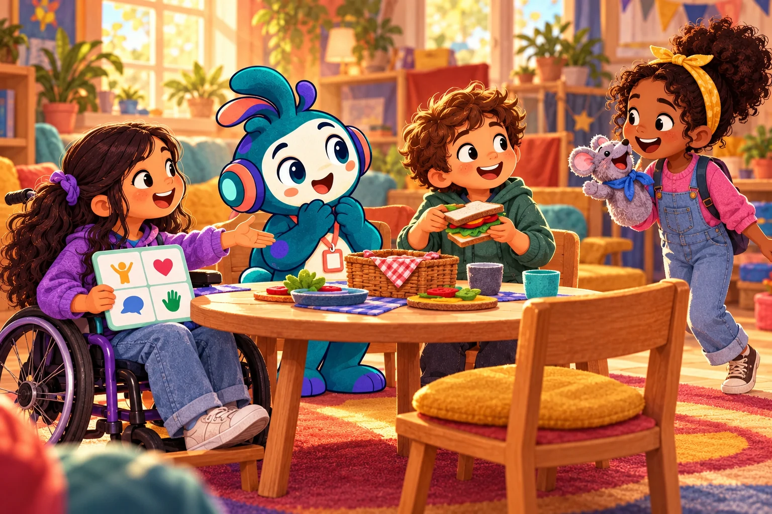 Pip and children welcome a puppet to a classroom café table; symbols and gestures support the conversation.